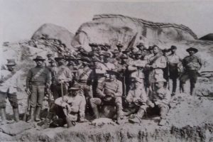 SELOUS (FRONT SEATED) LEADER OF H TROOPS OF BULAWAYO FIELD FORCE, MATABELELAND
 (FROM A TALK BY J. WATERS ENTITLED 'THE CENTENARY OF THE DEATH OF F.C.SELOUS)